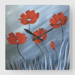 Red Poppies with Grey Background Square Wall Clock