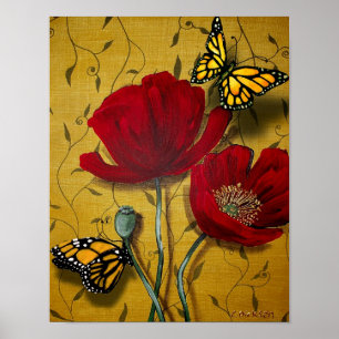 Red Poppies with Yellow Butterflies Poster