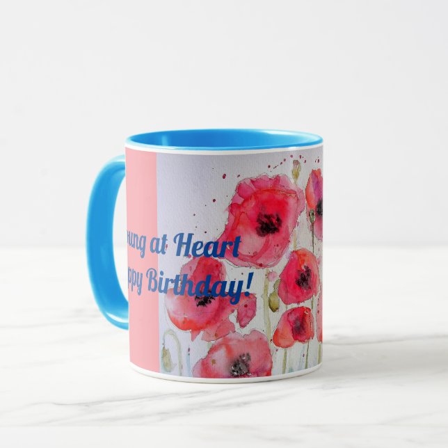 Red Poppies Young at Heart Watercolour Mug blue (Front Left)