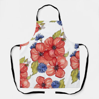 Red Poppy and Blue Cornflower Watercolor Apron