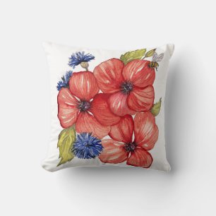 Red Poppy and Blue Cornflower Watercolor Cushion