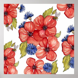 Red Poppy and Blue Cornflower Watercolor Poster