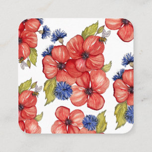 Red Poppy and Blue Cornflower Watercolor Square Business Card