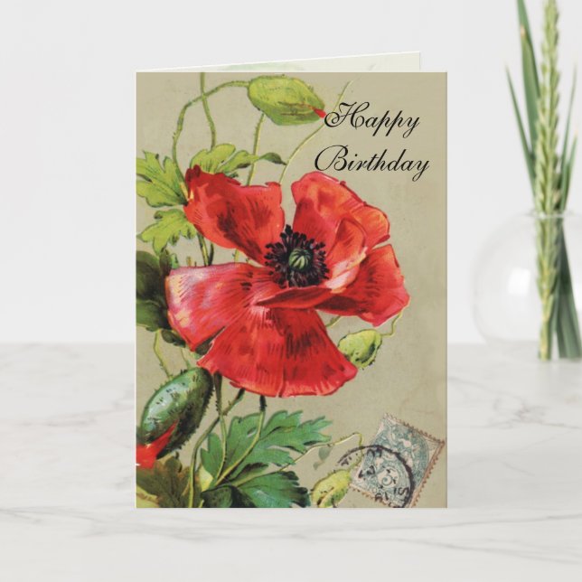 RED POPPY  AND BUTTERFLY / Birthday Card (Front)