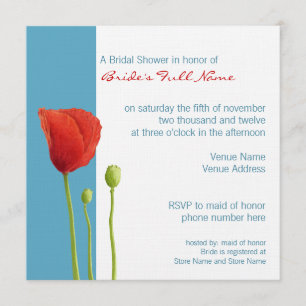 Red Poppy aqua Bridal Shower Invitation
