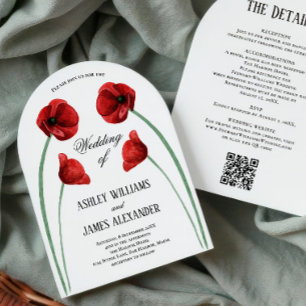 Red Poppy Arched Flowers All in One Wedding Invitation