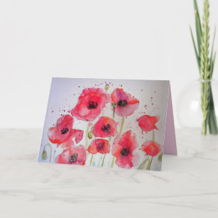 Red Poppy Art Watercolor Painting floral Card