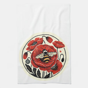 Red Poppy Bee Tea Towel