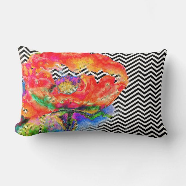 Red Poppy - black and white chevron Lumbar Cushion (Front)