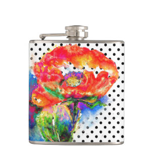 Red Poppy  black and white polka-dots Hip Flask