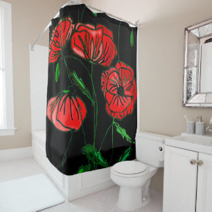 Red Poppy Black Shower Curtain - Choose Colours