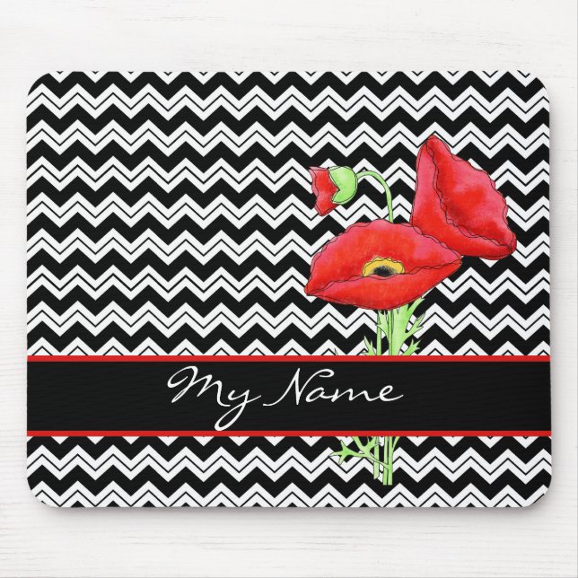 Red Poppy Black & White Personalise Chevron Zizzag Mouse Mat (Front)