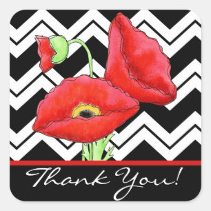 Red Poppy Black & White Thank You Chevron Zizzag Square Sticker