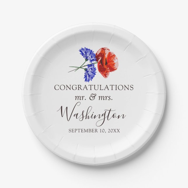 Red Poppy & Blue Cornflower Name & Wedding Date Paper Plate (Front)