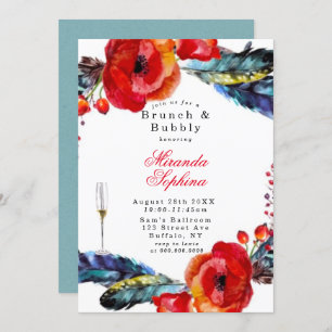 Red Poppy Boho Feathers Brunch & Bubbly Invite