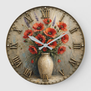 Red Poppy Bouquet Elegant Floral Vase Large Clock