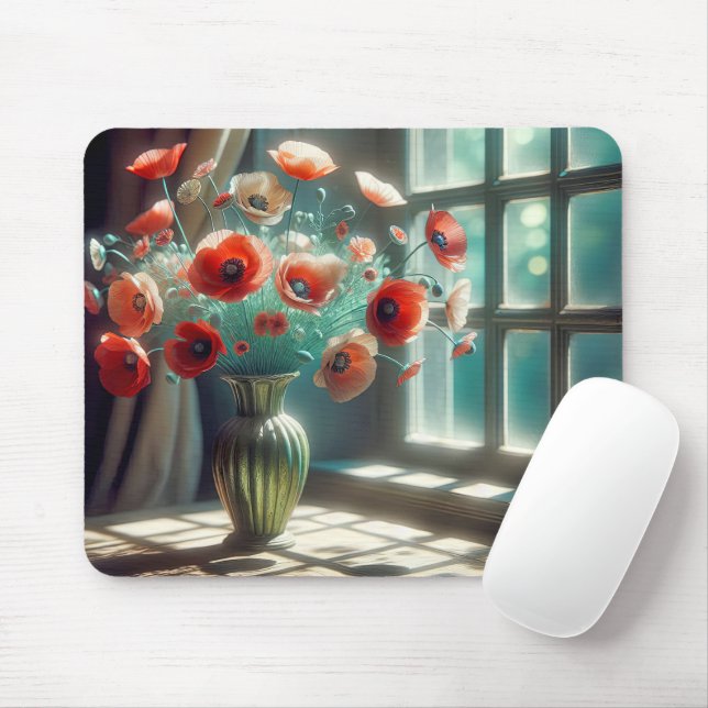 Red Poppy Bouquet in Sunny Window Mouse Mat (With Mouse)