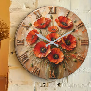 Red Poppy Bouquet Rustic Floral Art Large Clock