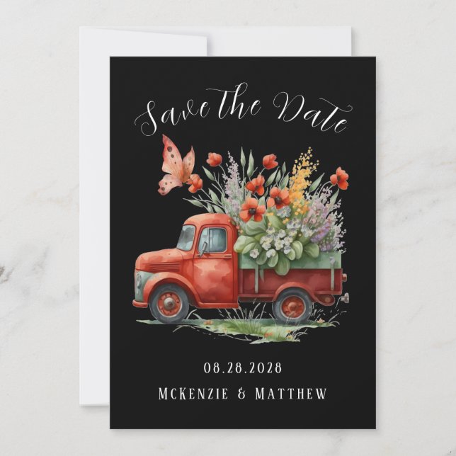 Red Poppy & Butterfly Truck Save the Date Cards (Front)