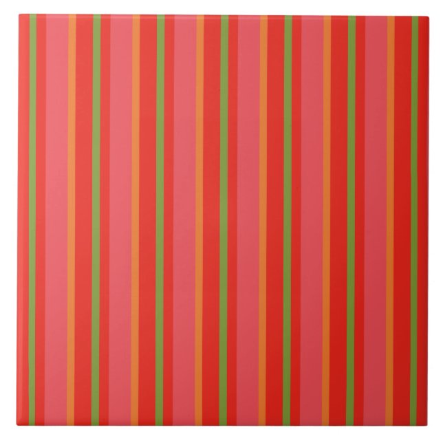 Red Poppy Colours Pink Orange Green Snazzy Stripes Tile (Front)