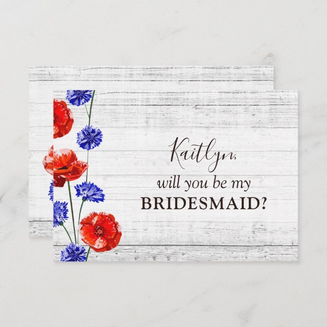 Red Poppy Cornflower Rustic Bridal Party Proposal Invitation (Front/Back)