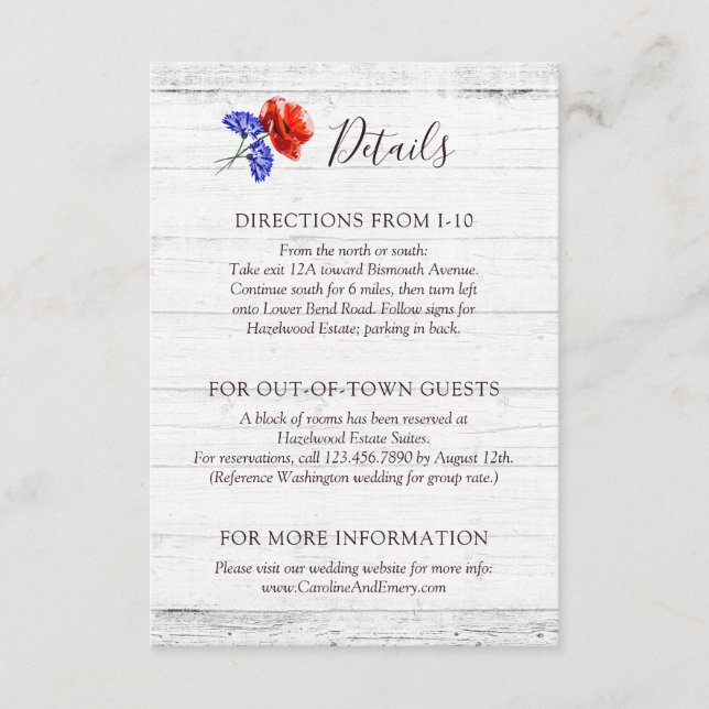 Red Poppy & Cornflower Rustic Details / Directions Enclosure Card (Front)
