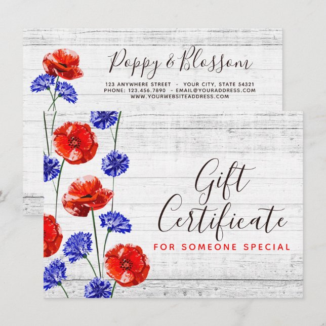 Red Poppy Cornflower Rustic Gift Certificate Card (Front/Back)