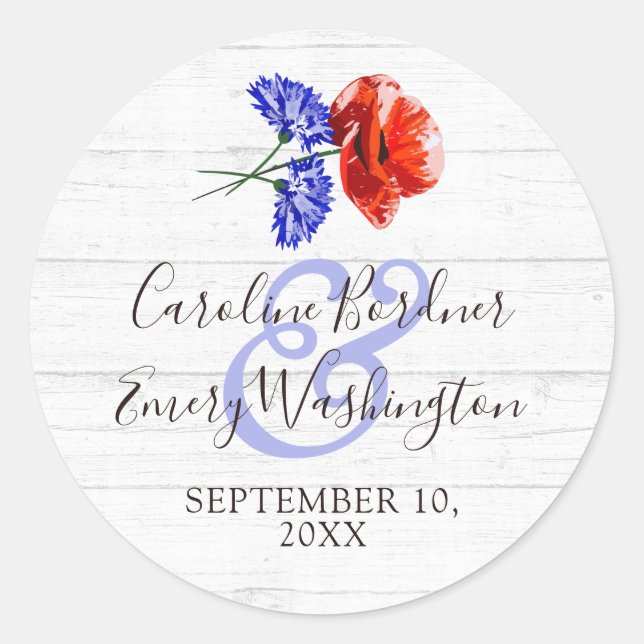 Red Poppy & Cornflower Rustic Names & Wedding Date Classic Round Sticker (Front)
