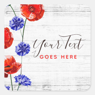 Red Poppy & Cornflower Rustic Wood Floral Boutique Square Sticker