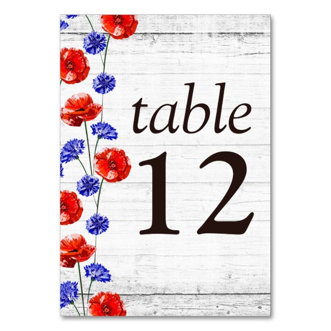Red Poppy & Cornflower Rustic Wood Floral Wedding Table Number (Front)