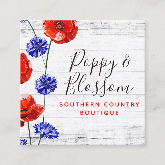 Red Poppy & Cornflower Rustic Wood Social Media Square Business Card (Front)
