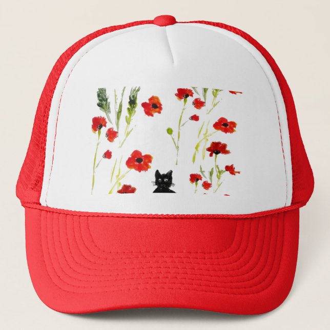 Red Poppy Cute Cat Trucker Hat (Front)