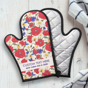 Red Poppy Daisy Floral Pattern Add Custom Text Oven Mitt