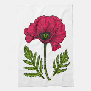 Red poppy drawing 3 tea towel