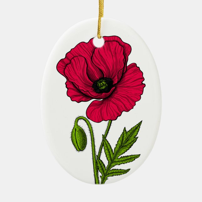 Red poppy drawing ceramic tree decoration (Front)