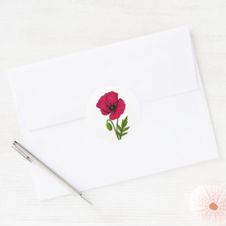 Red poppy drawing classic round sticker