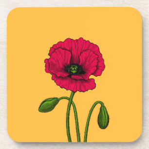 Red poppy drawing coaster