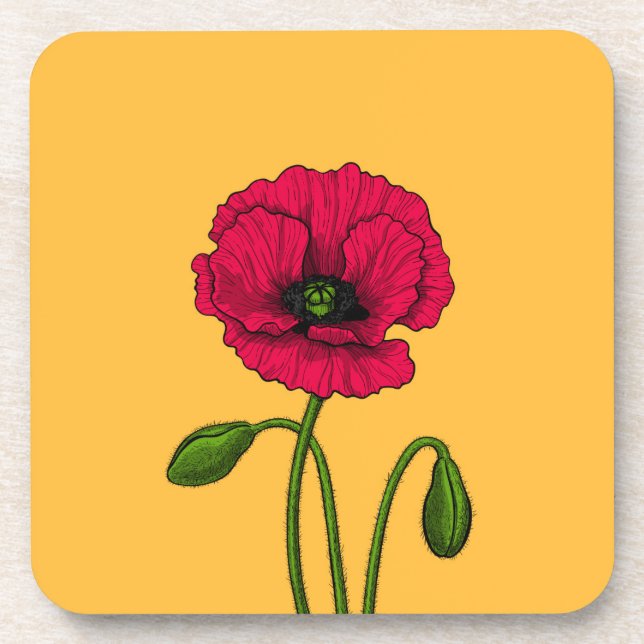 Red poppy drawing coaster (Front)