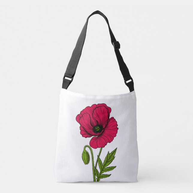 Red poppy drawing crossbody bag (Front)