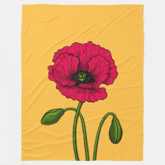Red poppy drawing fleece blanket (Front)