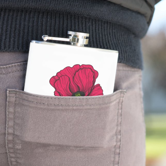 Red poppy drawing hip flask (In Situ)