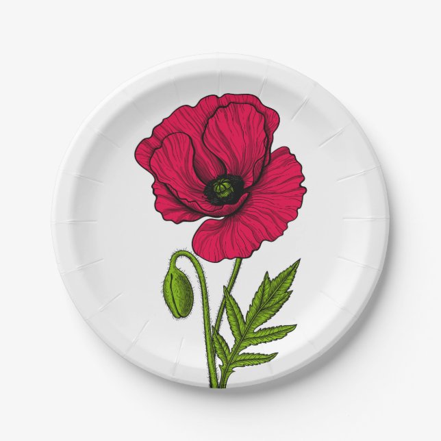 Red poppy drawing paper plate (Front)