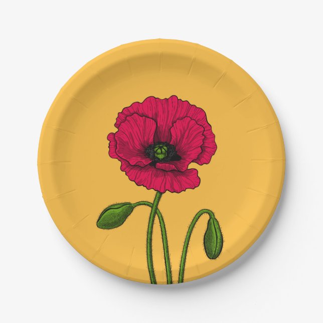Red poppy drawing paper plate (Front)