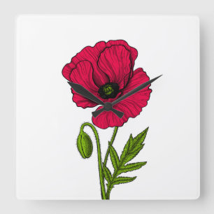 Red poppy drawing square wall clock