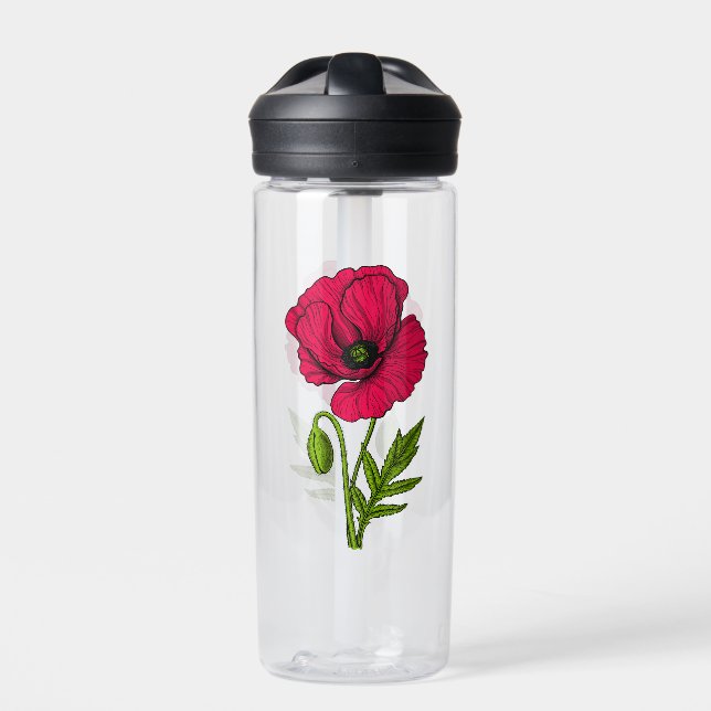 Red poppy drawing water bottle (Front)
