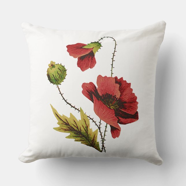 Red Poppy Faux Embroidery Pillow (Front)
