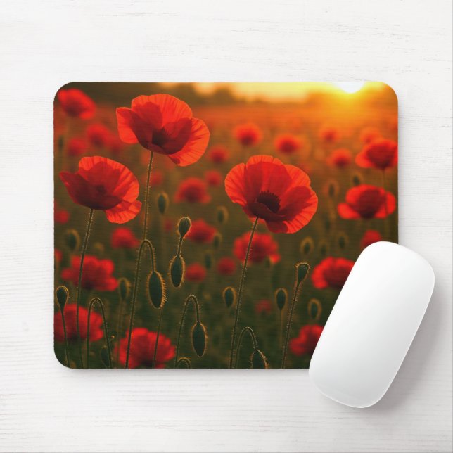Red Poppy Field at Sunrise Mouse Mat (With Mouse)