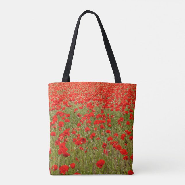 Red poppy field of flowers tie tote bag (Back)