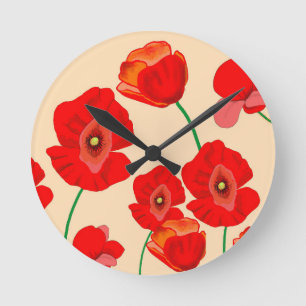 Red Poppy Field  Round Clock