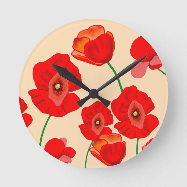 Red Poppy Field  Round Clock (Front)